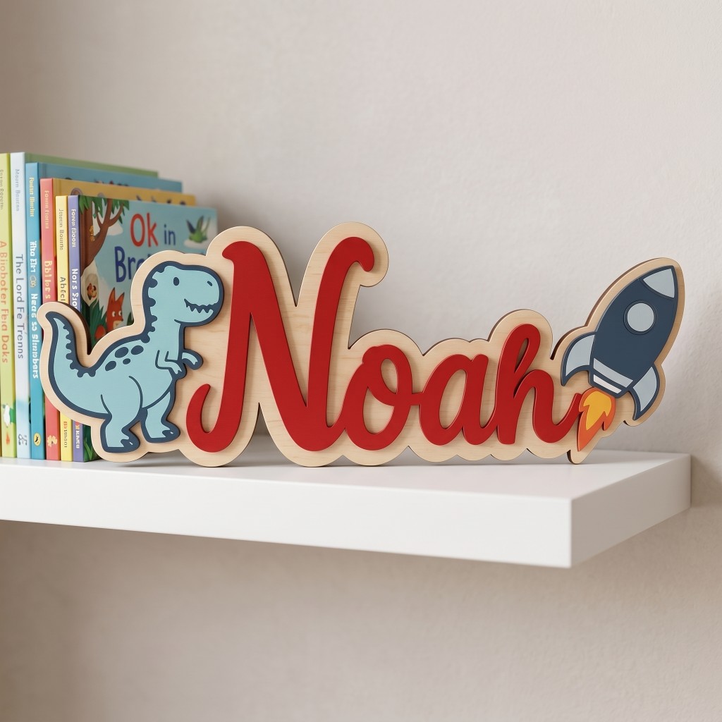 Baby Nursery Themes Boy - Custom Dinosaur Rocket Baby Name Wooden