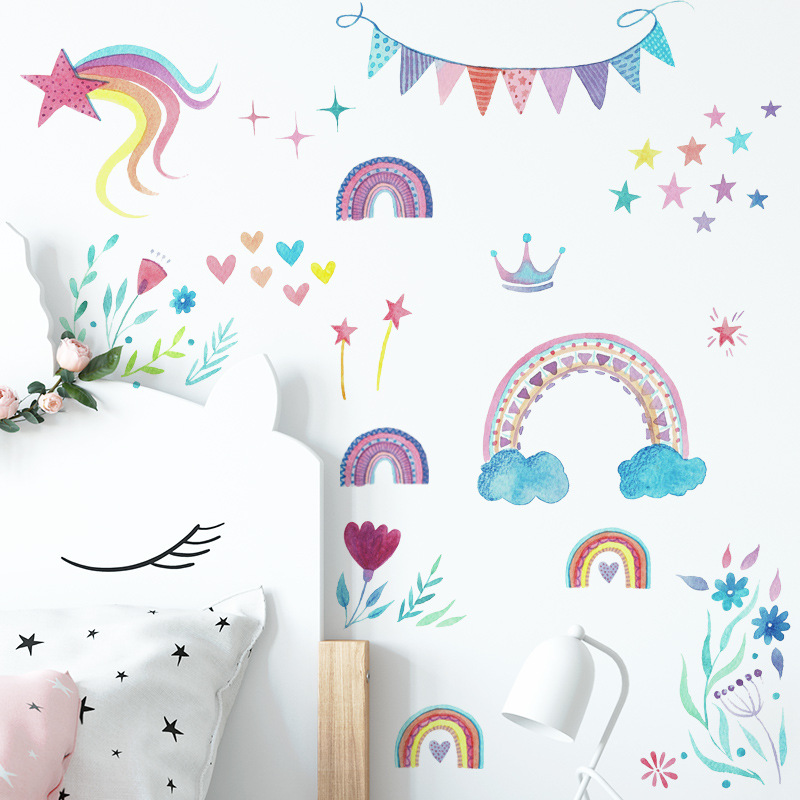 Baby Nursery Mural Wallpaper - Cartoon Rainbow Stars Wall Sticker For